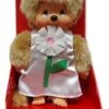 Sekiguchi 220458 - Original Monchhichi Mädchen Margarete, Aus Hellbraunem Plüsch, Mit Kleid Und Zöpfen Mit Blumen, Ca. 20 Cm