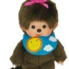 Sekiguchi 233748 Original Monchhichi Mädchen Sleepy, Aus Braunem Plüsch, Mit Farbigem Lätzchen Und Zopf Mit Schleife, Ca. 20 Cm