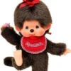 Sekiguchi 255184 - Original Monchhichi Mädchen, Aus Braunem Plüsch, Mit Weiß Rotem Lätzchen Und Roter Schleife Im Haar, Ca. 20 Cm